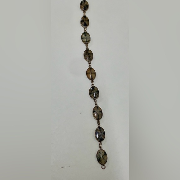 Victorian Era Antique Silver Encased Polished Stone Vintage Link Bracelet - Picture 1 of 15